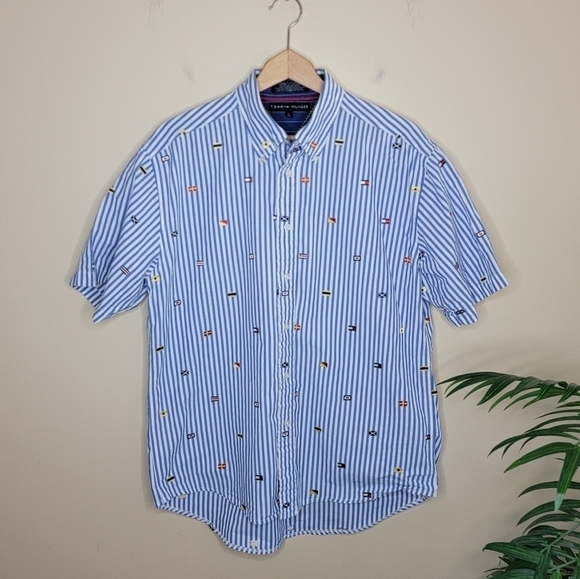 Tommy HilfigerFlag Embroidered Blue White Striped Short Sleeve Shirt